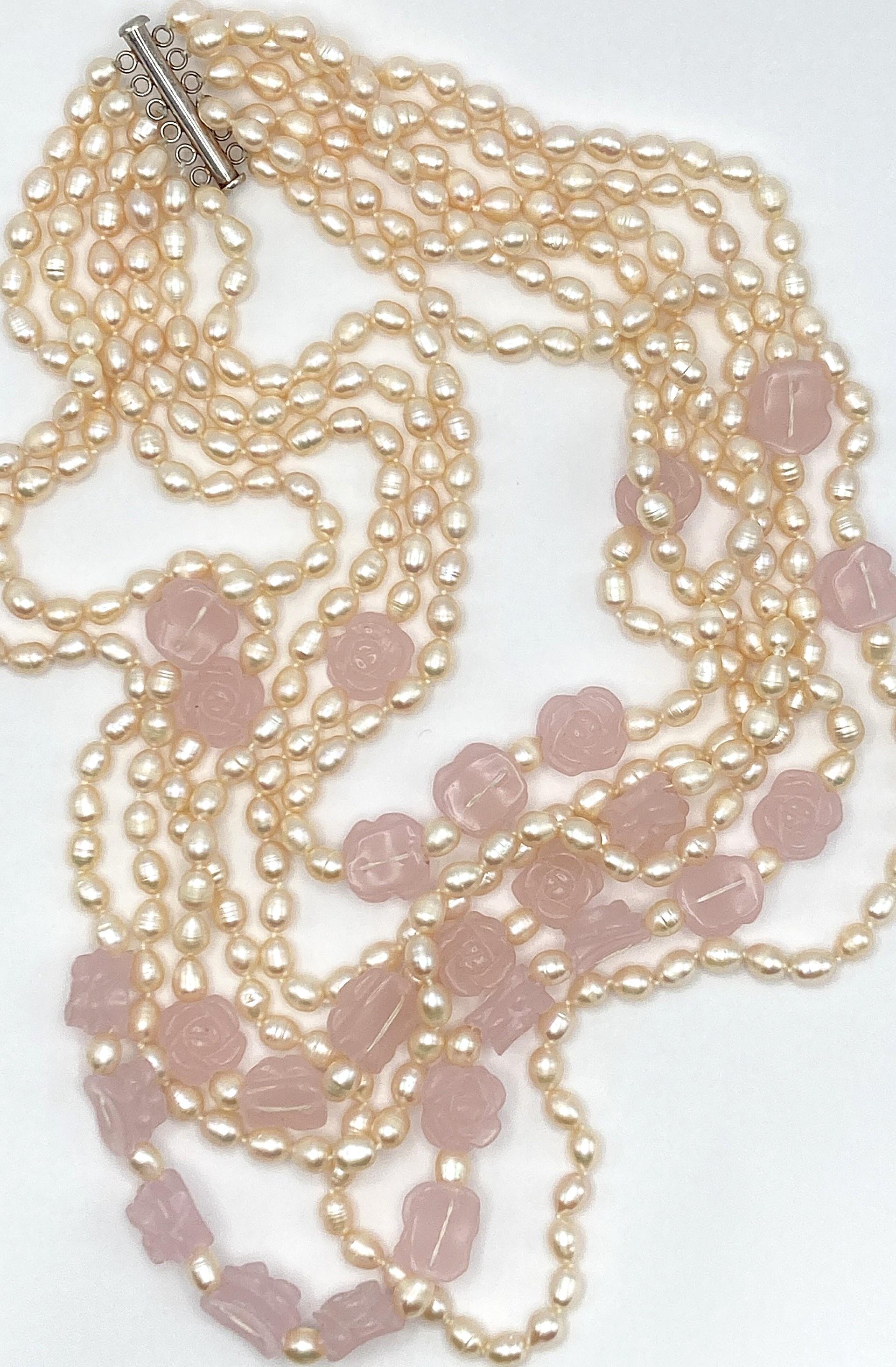 Image for Fresh Water pearl 6 strands with Rose Quartz beads ESTATE **VIDEO**