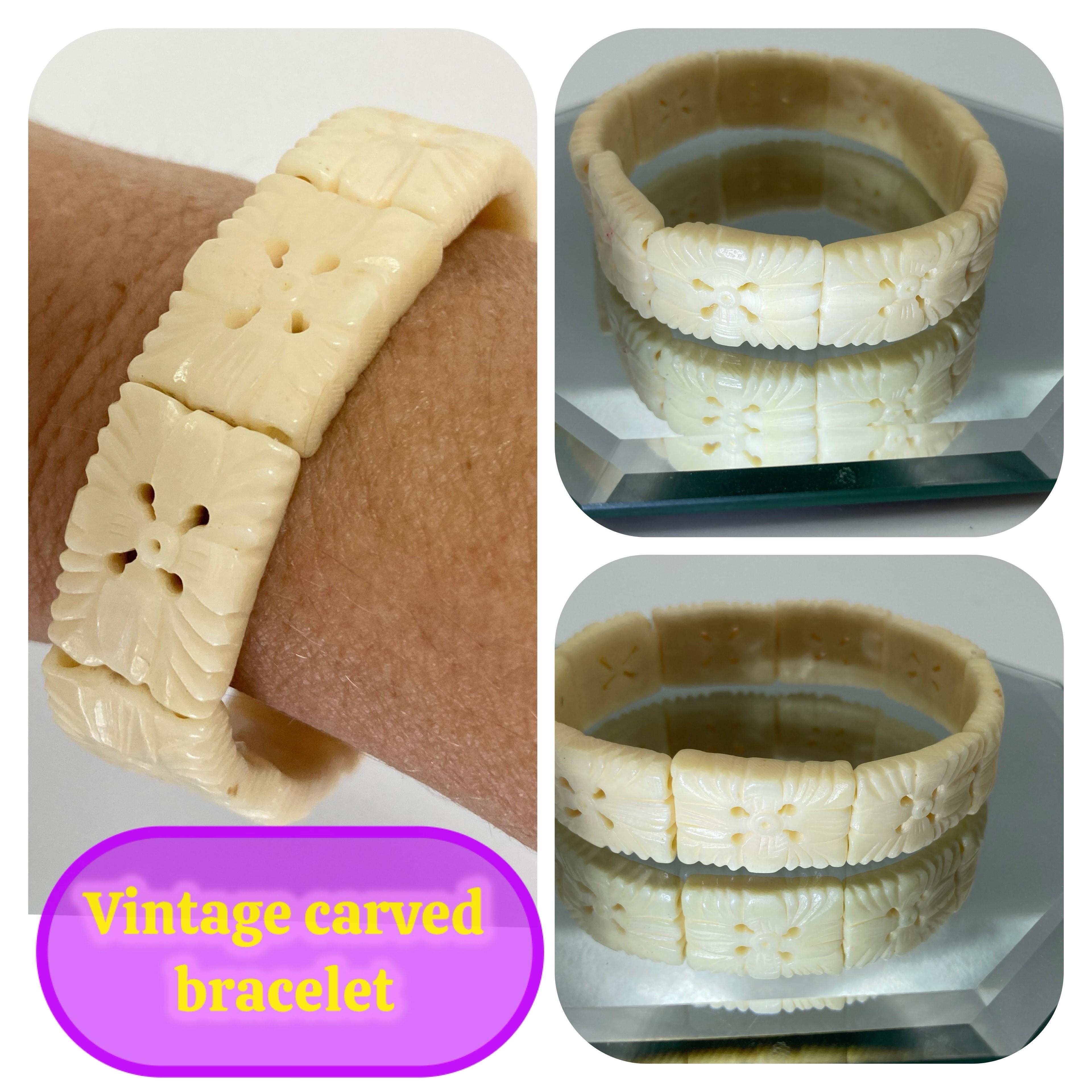 Image for Estate Hand Carved Bone Panel Link Bracelet 7.5 inch