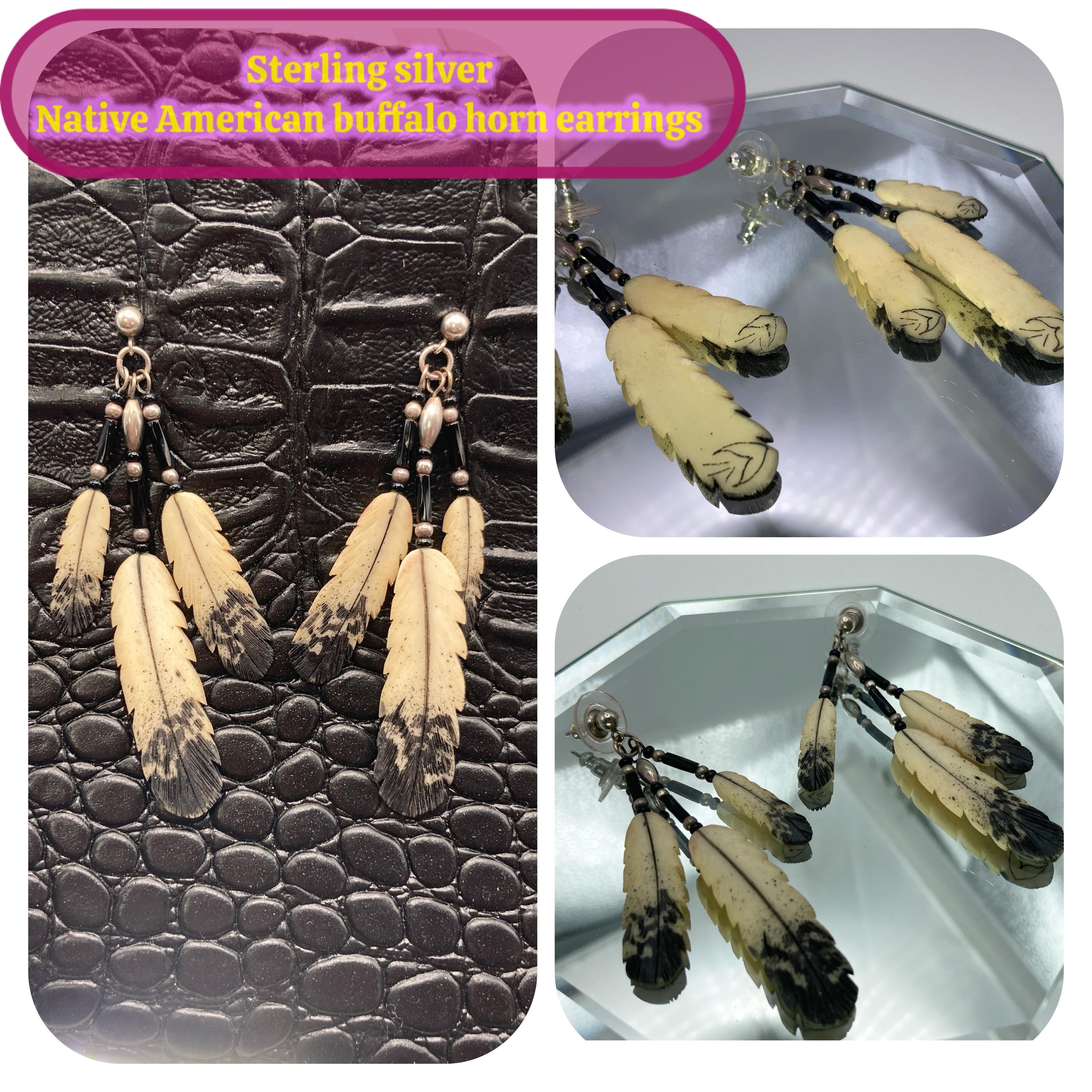 Image for Estate S/S Native American Buffalo Horn Carved Earrings