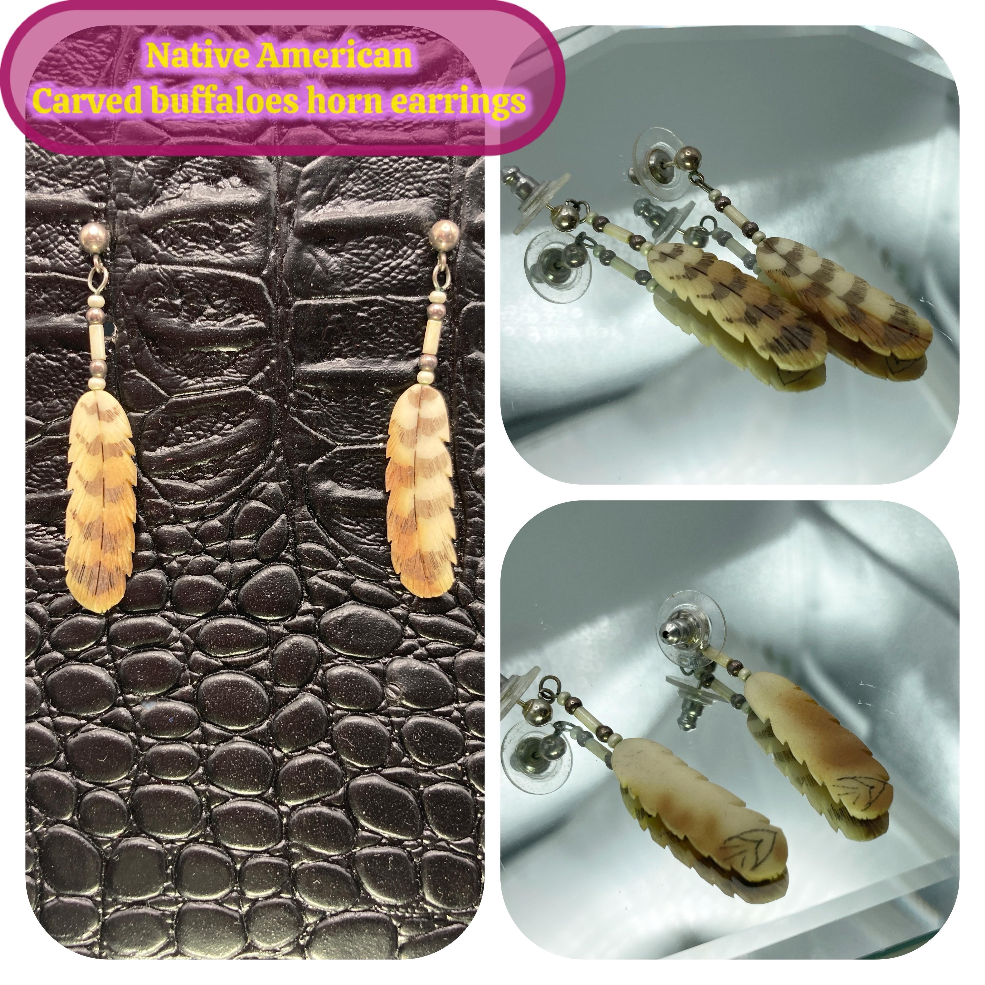 Image for Estate S/S Native American Carved Buffalo Horn earrings