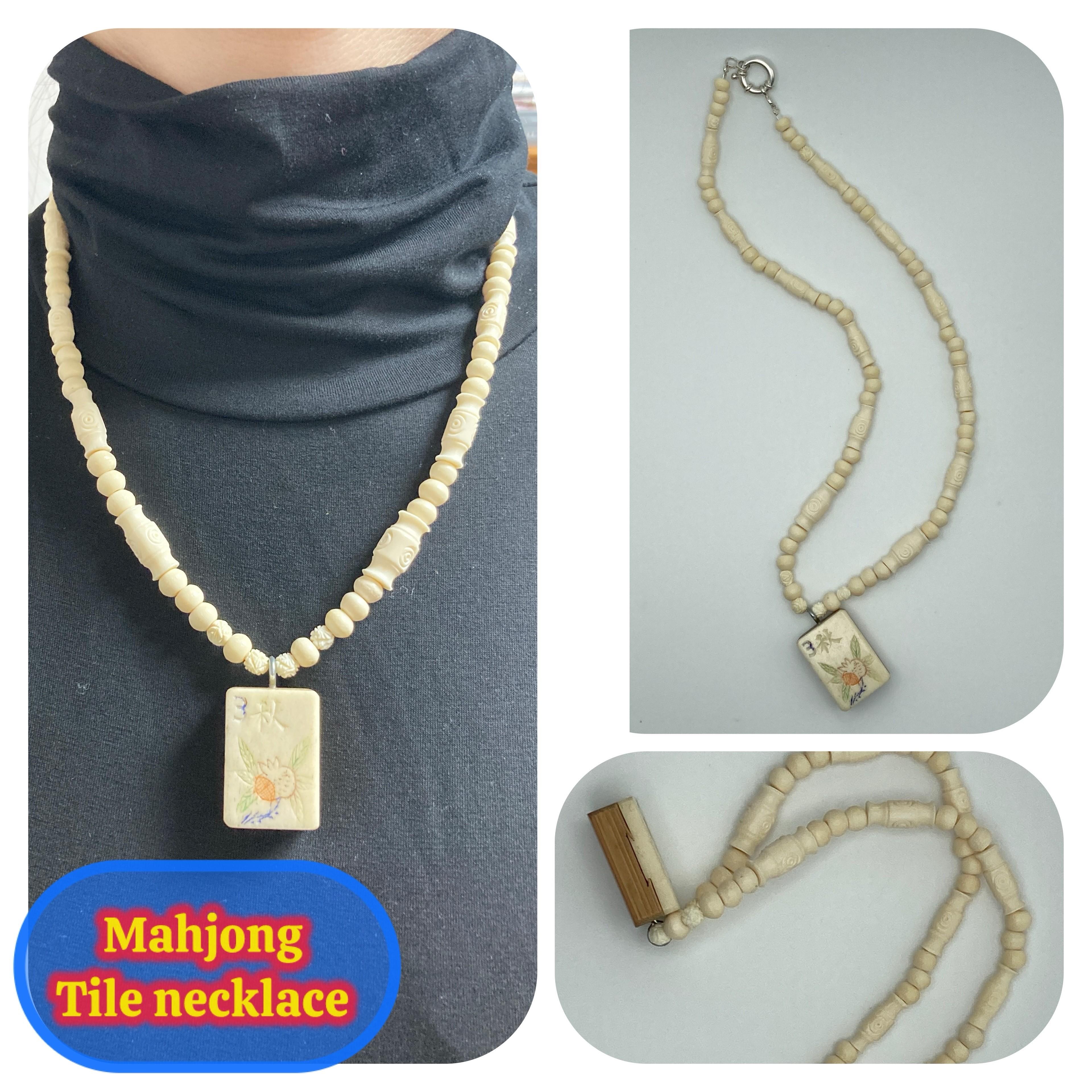Image for Vintage carved beads with Mahjong tile pendant with SS clasp