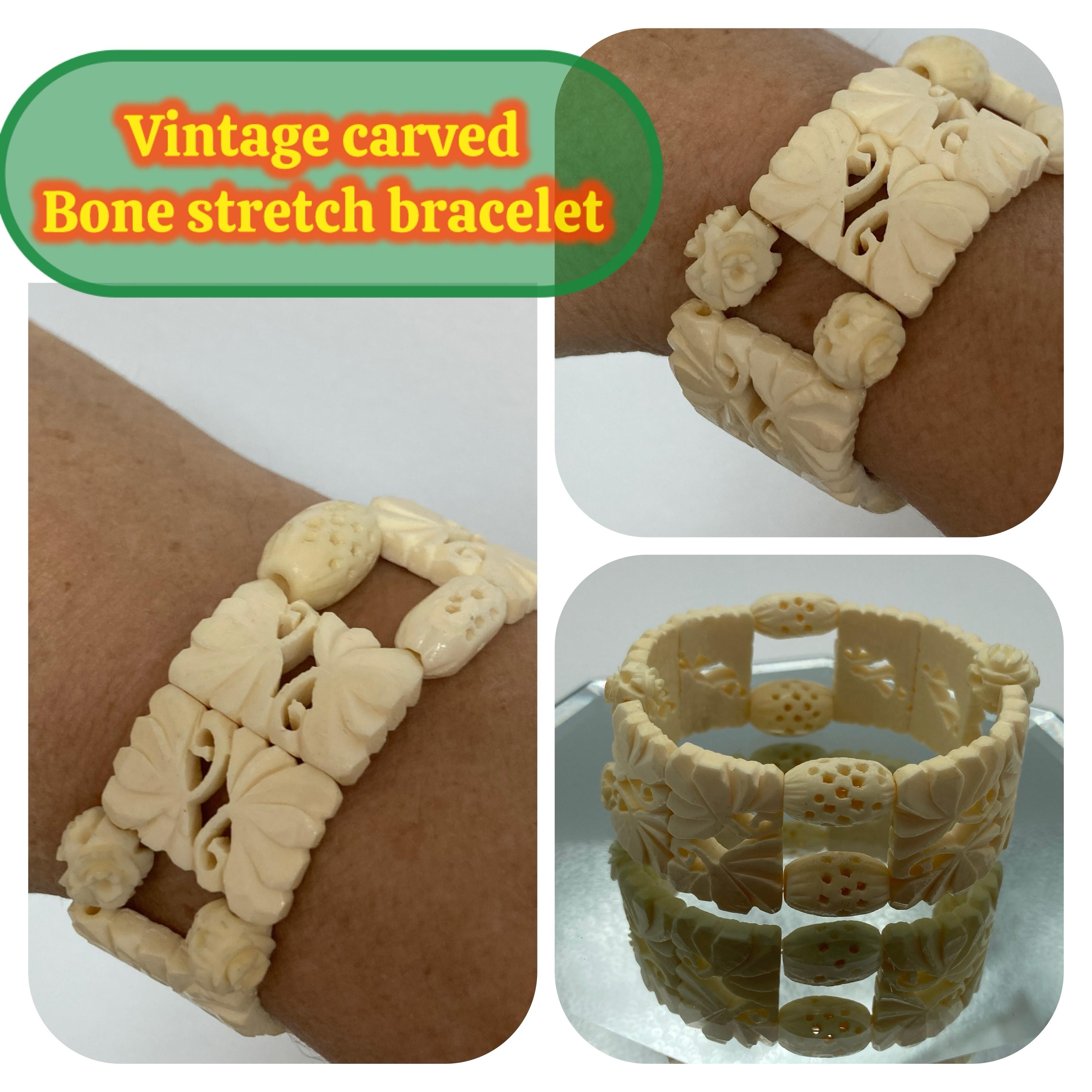 Image for Estate Carved Bone panel stretch bracelet 7 inch