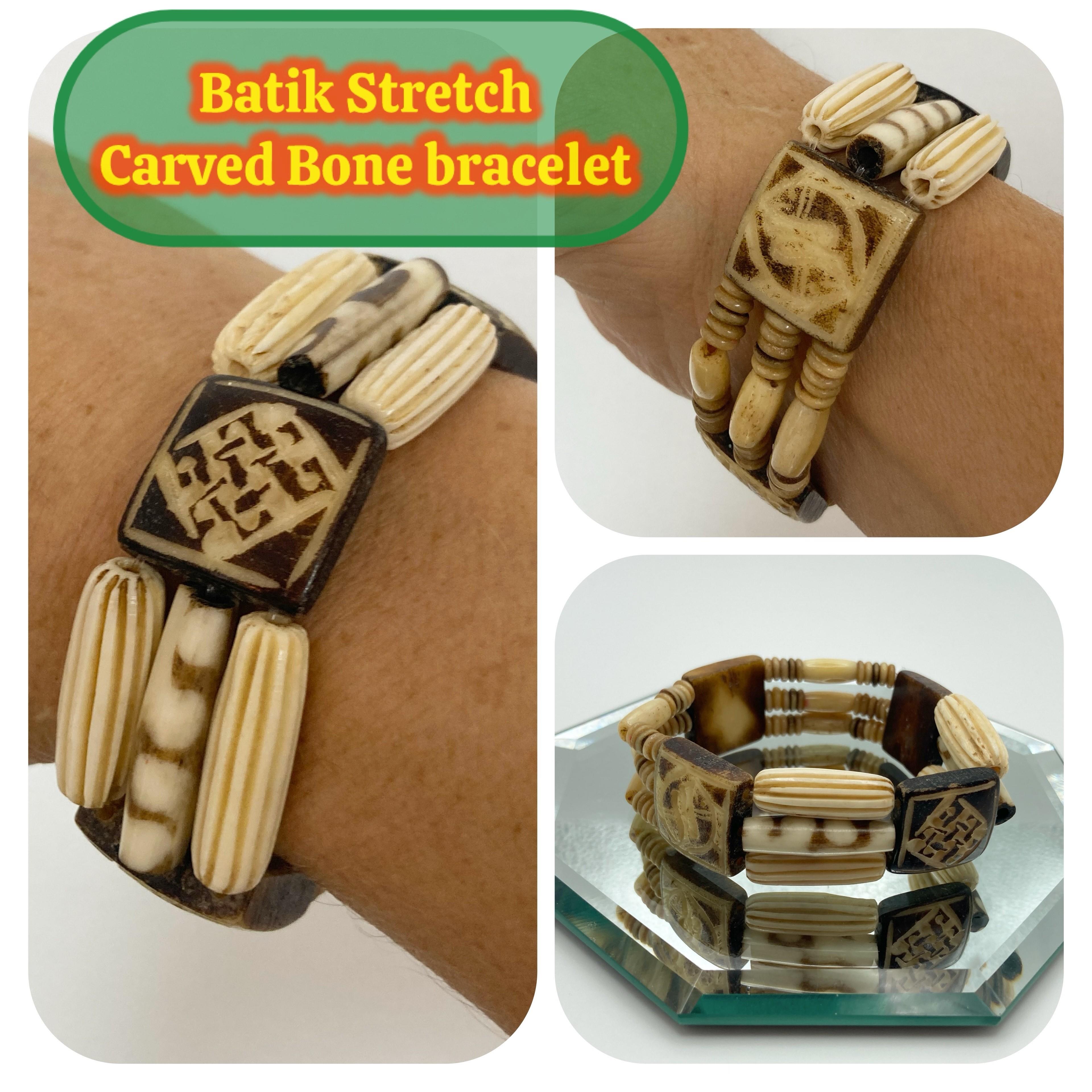 Image for Vintage Batik Carved Bone stretch bracelet 7 inch