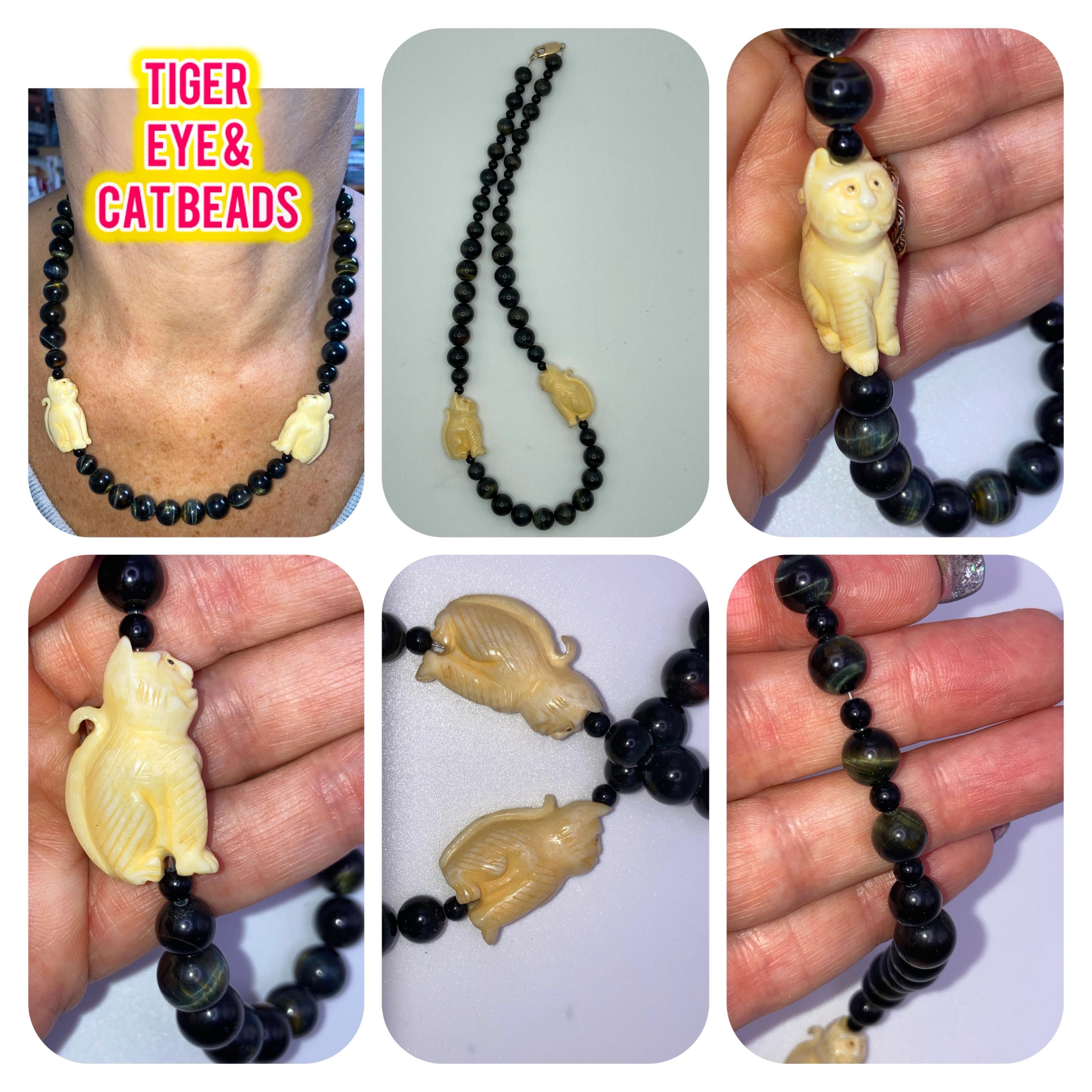 Image for Tiger Eye & carved Cat beads necklace ** VIDEO **