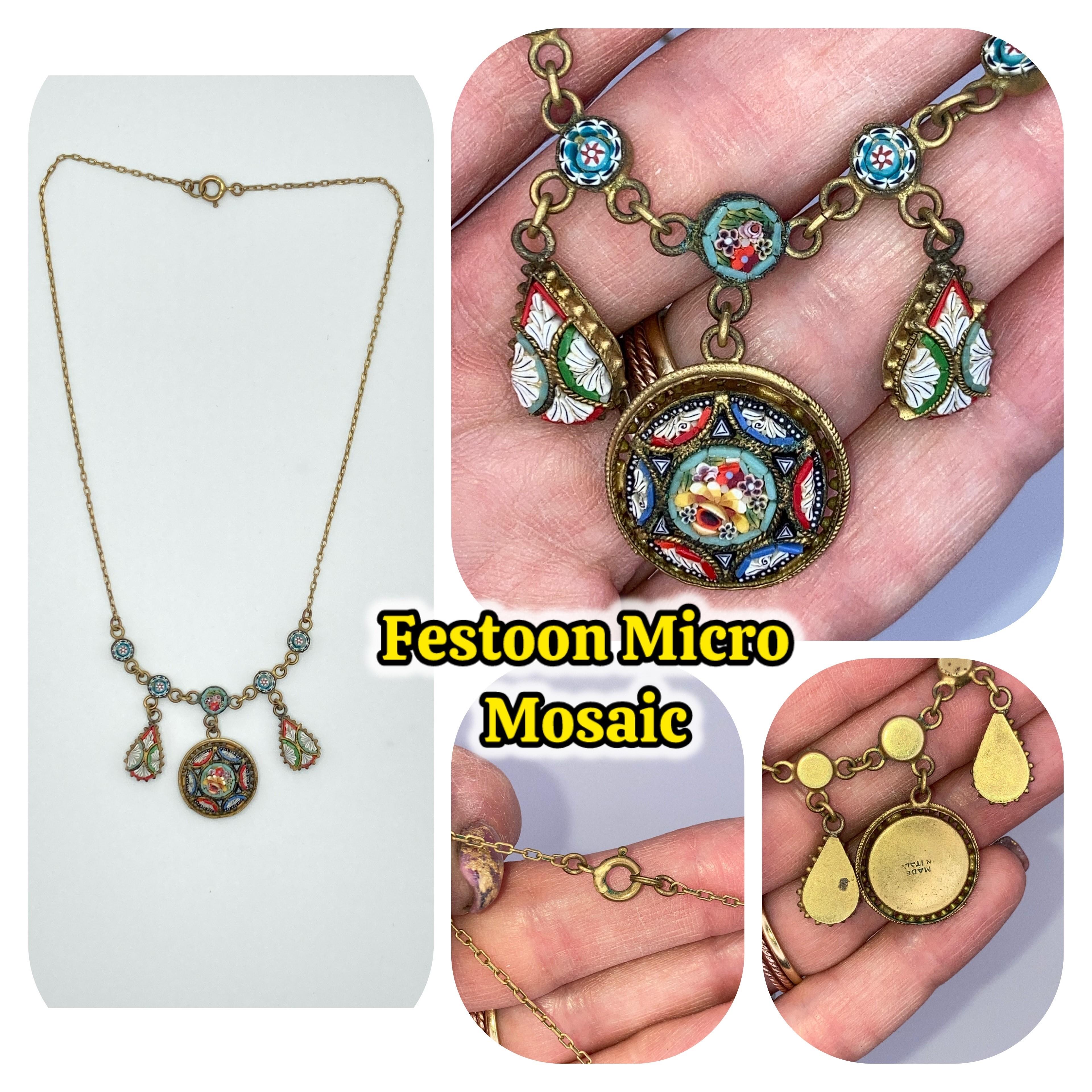 Image for Festoon Micro Mosaic Round Teardrop Floral Gold Tone Necklace - ESTATE