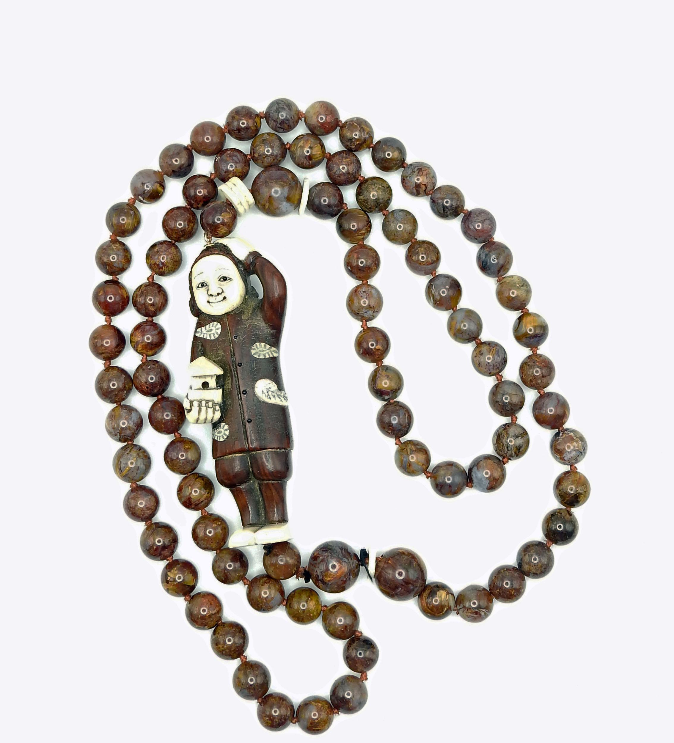 Image for Vintage Agate Bead Netsuke type figure Necklace with wood and bone 34"