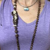 Image for Vintage Agate Bead Netsuke type figure Necklace with wood and bone 34"