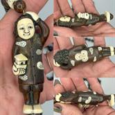 Image for Vintage Agate Bead Netsuke type figure Necklace with wood and bone 34"